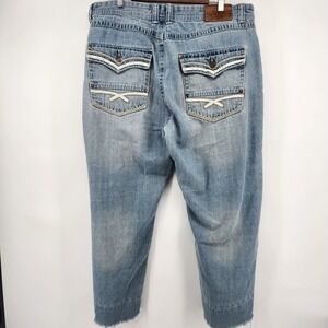 King Maker Mens Light Wash Distressed Denim Jeans Straight Fit Raw Hem Size 40